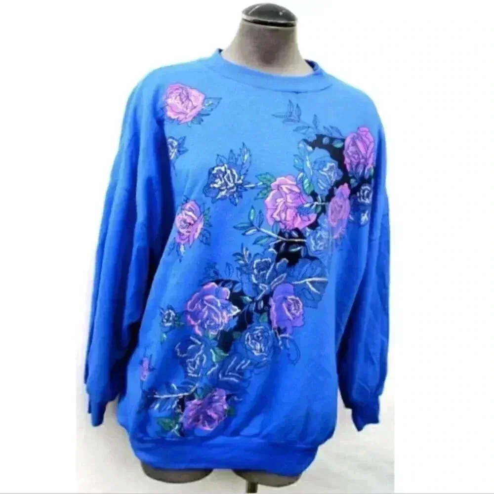 Vintage 1980s 1990s Talt INC BLUE Cotton Floral Flower Retro Colorful Sweater